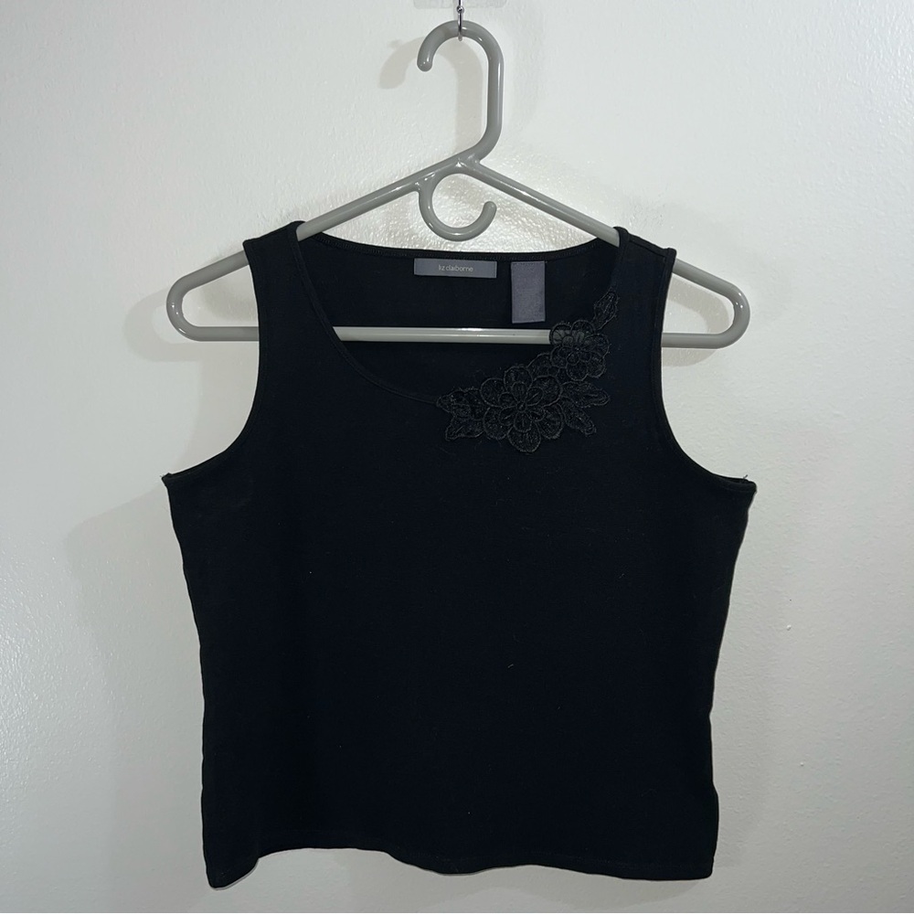 Liz Claiborne black tank top with floral lace embroidery detail on collar
